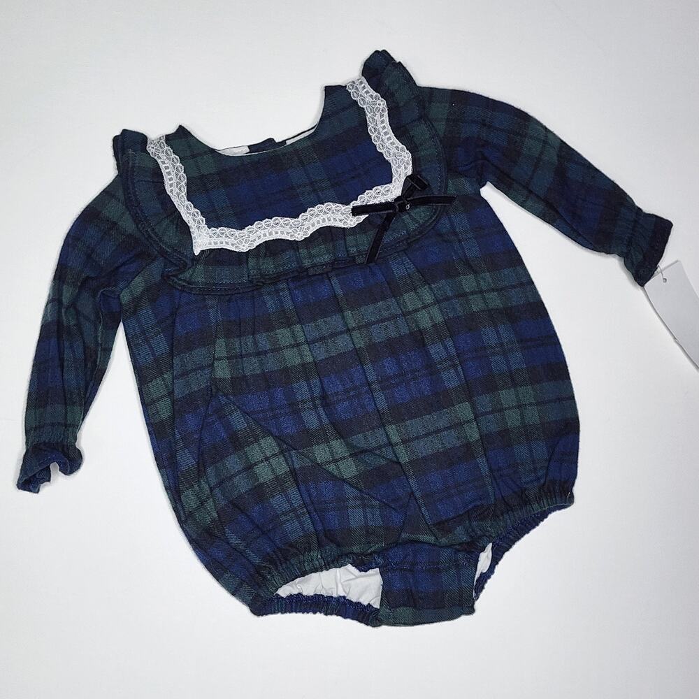 Edgehill Collection  Darby Blue Green Winter Plaid Romper Girl Size 3 Months